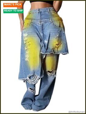 High Waist Ripped Baggy Wide Leg Patchwork Jeans